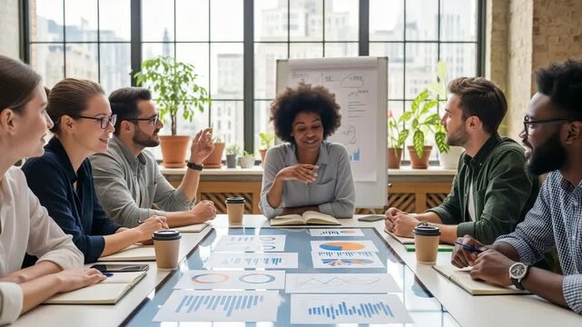 Diverse business team having a meeting around a table in a modern office space