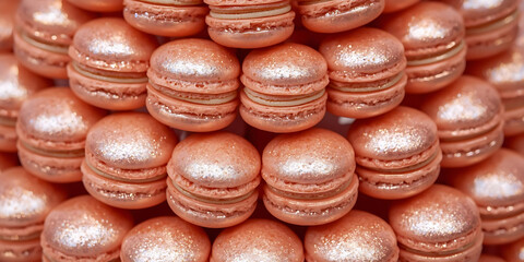 Close-up stacked shimmering rose gold macarons creating elegant luxurious feel with visually appealing pattern