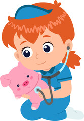 Cartoon toddler girl playing doctor, examining her plush teddy pig toy with stethoscope