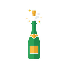 Green champagne bottle popping cork with bubbles and stars, celebration graphic Vector, illustration