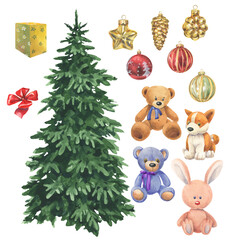 Watercolor set of a Christmas tree with toys