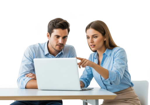 Focused team collaboration two colleagues working together on a laptop computer discussing a project transparent background