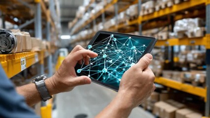 Smart Inventory Management: An individual inspects data analysis to optimize efficiency using advanced tablet technologies in warehouse. - Powered by Adobe