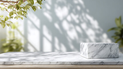 White marble pedestal with green leaves and dappled light product mockup