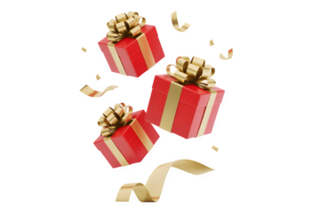 Three festive red gift boxes with golden ribbons and confetti falling isolated on transparent background