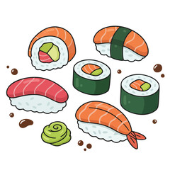 Cartoon Sushi Set with Nigiri, Maki Rolls, and Wasabi Illustration © welyalfian