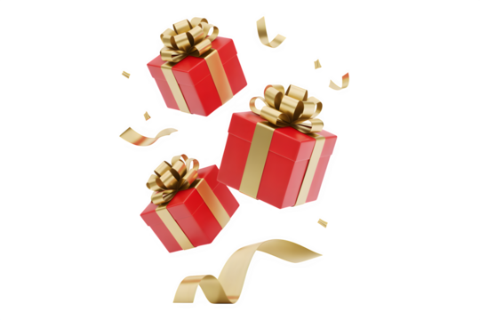 Three festive red gift boxes with golden ribbons and confetti falling isolated on transparent background - Powered by Adobe