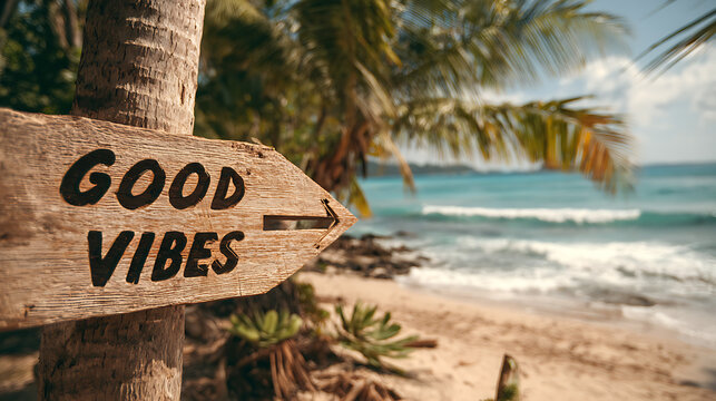 wooden sign on a tropical beach that reads good vibes ai genrative