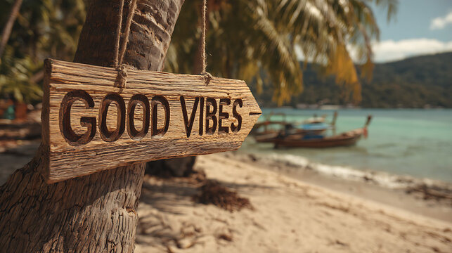 wooden sign on a tropical beach that reads good vibes ai genrative