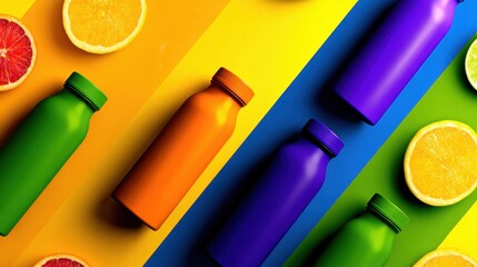 Colorful arrangement of fruit slices and bottles on a vibrant striped background, evoking freshness and fun