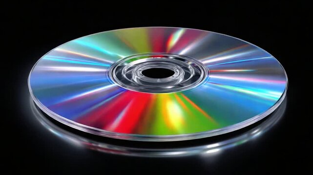 CD: The iridescent surface of a compact disc shimmers against a dark background, reflecting a spectrum of colors and inviting contemplation of technology and its storage capabilities.