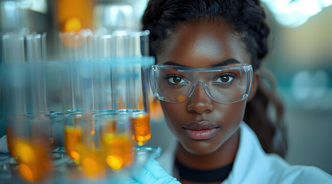 Medical bio laboratory, Research, Science test technology. Pharmaceutical lab specialist examines medicine vials, hospital patient samples. Medical student conducts research. Realistic style photo