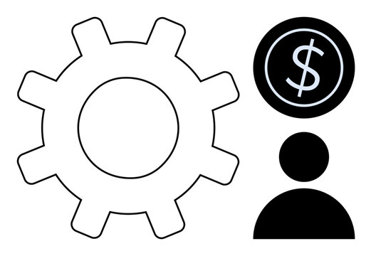 Gear, coin, person symbolizing productivity, financial management, and people. Ideal for business, economy, teamwork workforce operations industry system. Minimalist flat metaphor
