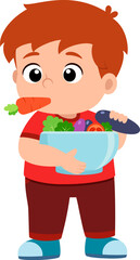 happy cute kid boy holding fresh vegetable in bowl