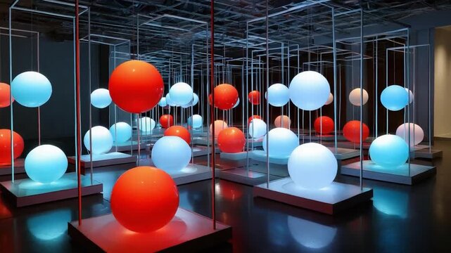 Abstract Sphere Display: A contemporary art installation featuring a grid of glowing spheres, with a mix of vibrant colors that add depth and dimension to the space.
