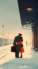 Couples share loving embraces as snow gently falls at a train station, capturing a cozy Christmas atmosphere reminiscent of the 1950s and 1960s