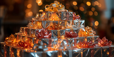 Festive pyramid of silver-wrapped gifts with gold and red bows lit by soft golden lights