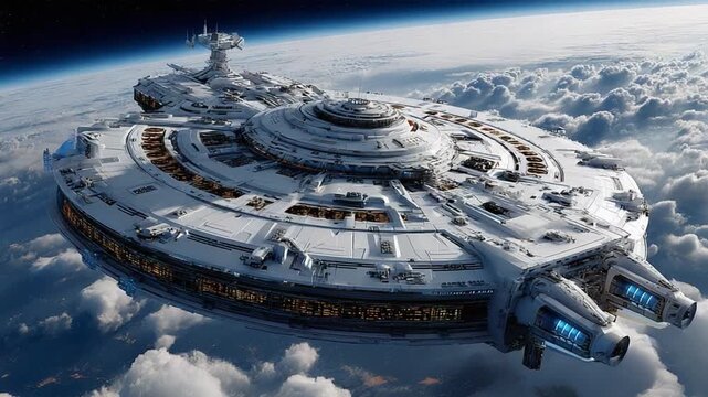 Interstellar Voyager: A cutting-edge spacecraft navigates through the expansive cosmos above a layer of pristine cloud, representing the pinnacle of futuristic technology and space exploration.