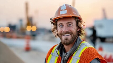A Day in the Life of a Builder: A construction worker, radiating confidence and skill, smiles warmly at the camera, embodying the dedication and expertise integral to construction and architecture.