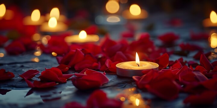 Romantic glowing candles and scattered red rose petals create a warm, intimate ambiance