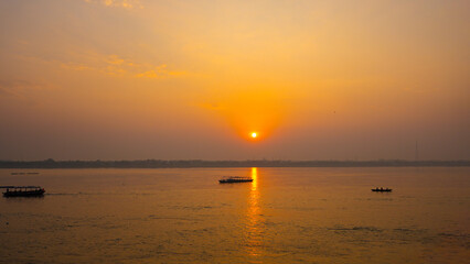 Golden Hour Morning on the Ganga River with Boats in Varanasi, India