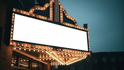 Classic movie theater marquee with blank screen and glowing bulbs, advertising various events and showtimes at night.