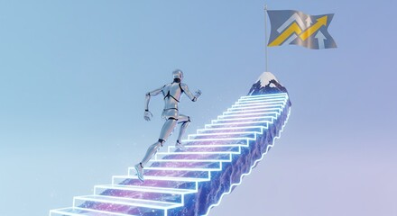 Digital Ascent: A futuristic humanoid robot strides purposefully up illuminated stairs towards a flag, symbolizing goals in the digital realm. A vision of innovation and the power of technology.