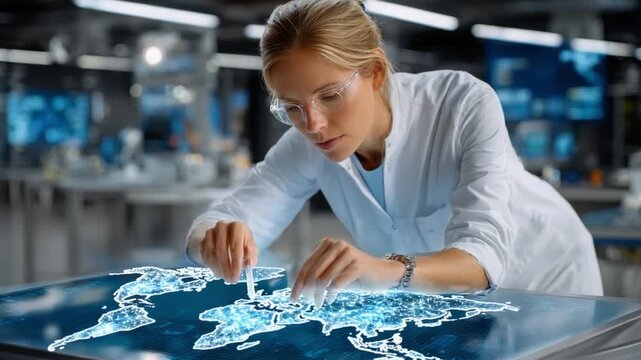 Researcher examining map projection: A focused scientist carefully examines a glowing map projection in a futuristic laboratory setting. She is meticulously analyzing data and seeking answers.