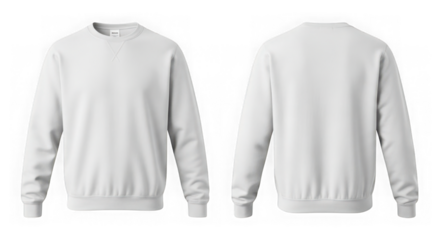 White blank crew-neck sweatshirt mockup, front and back views isolated on transparent background
