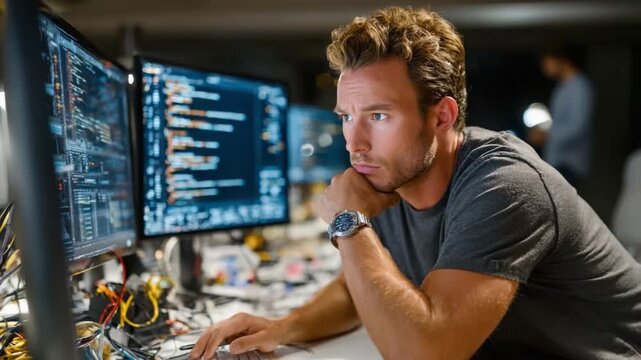 Tech Focus: A concentrated software engineer, deeply engrossed in lines of code on his dual monitors in a tech-focused setting.