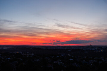 Wide cityscape view with dramatic sunset clouds and skyline