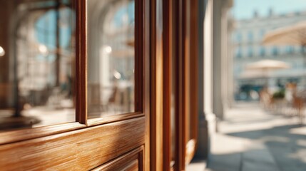 A  door with glass against a sunlit, blurred street background. Perfect for displaying a logo, signage, or business hours. Branding mockup on a cafe or shop entrance door. 