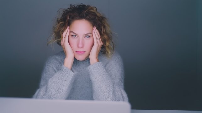 Stressed Young Woman with Hands on Head Deep in Thought
