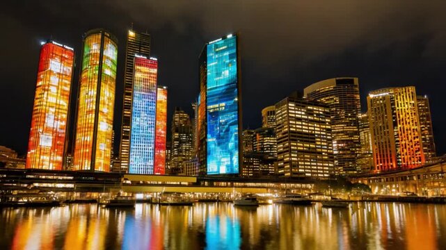 City Symphony at Night: A mesmerizing panorama unfolds as illuminated skyscrapers paint the night sky with vibrant colors, their reflections dancing on the tranquil water below.