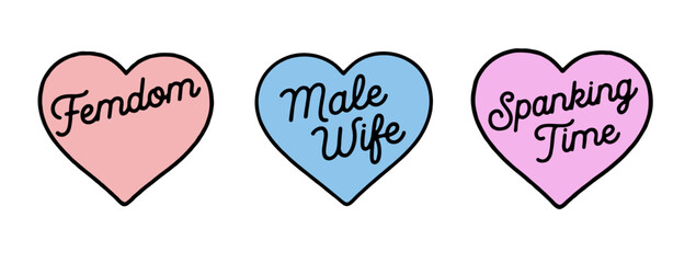vector illustration in a sticker-style features bold lines, rounded shapes, and pastel colors like pink, purple, and white. The playful theme highlights femdom, BDSM, and relationship dynamics.