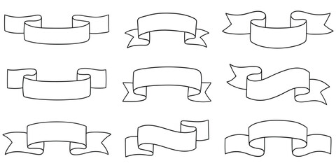 Hand-drawn doodle set of empty ribbon banners on a white background.