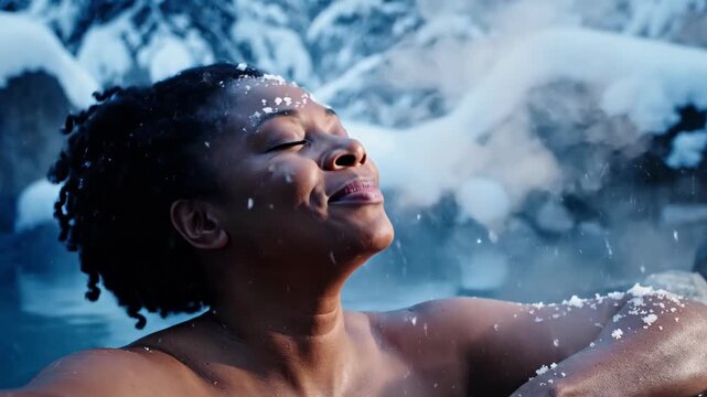 African american woman enjoying a warm outdoor hot tub in snowy mountains, exhaling steam into cold winter air, tranquil spa concept.