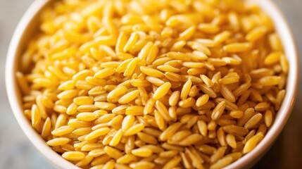 A close-up of a bowl filled with cooked grains highlights their slender shape. Menu design and packaging models, specifically designed for cooking blogs and restaurant recipe cards.