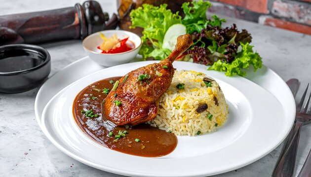 Delicious Duck Confit with Rice and Sauce on White Plate. - Powered by Adobe