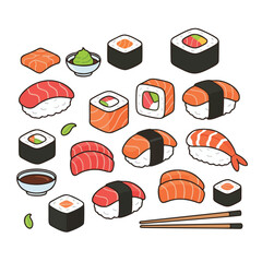 Cartoon Sushi Assortment with Nigiri, Maki Rolls, Wasabi, and Soy Sauce Illustration © welyalfian