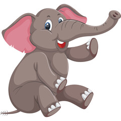 Cute Cartoon Elephant Sitting With Trunk Raised In A Welcoming Gesture With A Happy Expression And Pink Ears And Inside Color