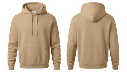 Blank beige hoodie front and back for apparel design template isolated on transparent background