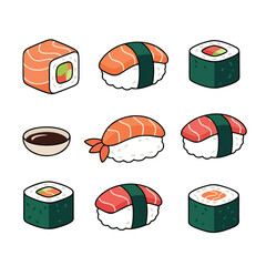 Cartoon Sushi Set with Nigiri, Maki Rolls, and Soy Sauce Illustration © welyalfian