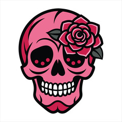 Cartoon skull head with a black rose vector illustration for Halloween tattoo design