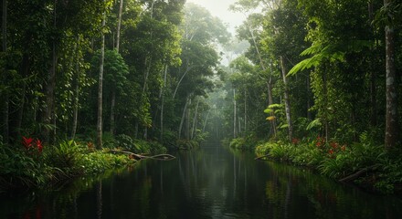 Towering trees and thick undergrowth fill a misty tropical rainforest as sunlight filters through the canopy in a ground-level view. Suitable as a serene looping backdrop for nature or adventure theme