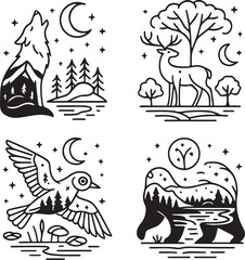 Forest Animals Celestial Double Exposure Vector Illustration.eps