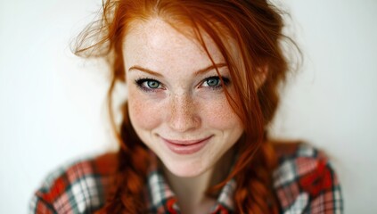 Smiling redhead woman with freckles in plaid shirt on white background