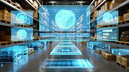 Warehouse in Digital Era: An immersive scene showcases a modern warehouse, digitized with augmented reality. Digital interfaces hover amidst the storage units. - Powered by Adobe