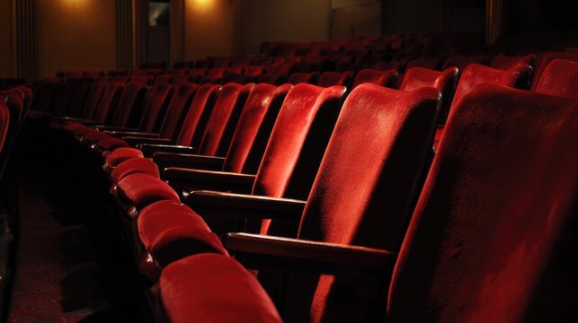 Empty theater with rows of red velvet chairs under dramatic stage lighting atmosphere. 