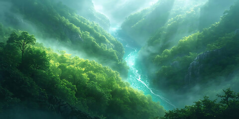 Serene landscape with lush green mountains and winding turquoise river under sunlit sky